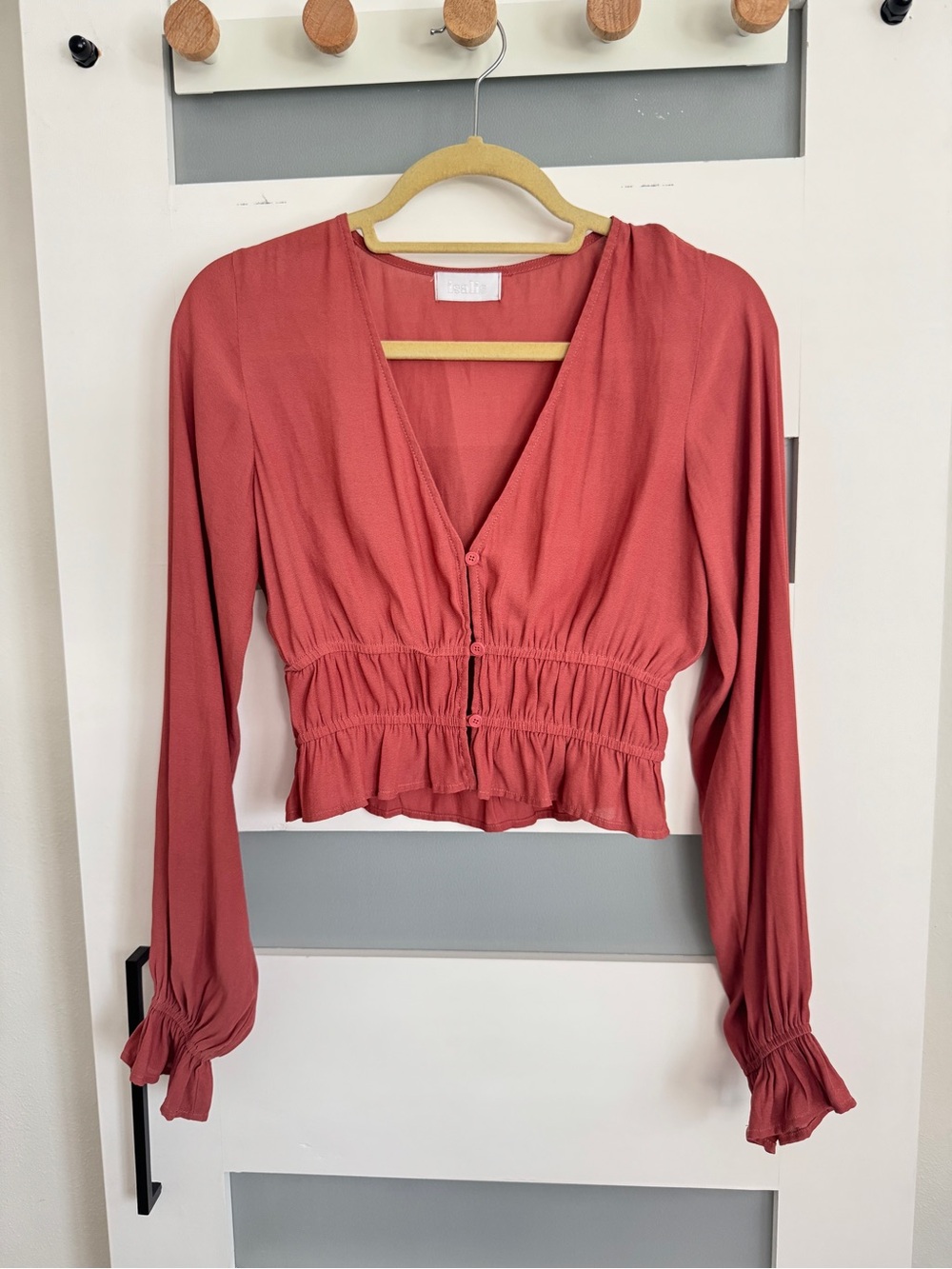 Smocked Waist Button-Front Crop Top in Rust